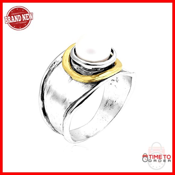 Sterling Silver Gold Plated Pearl Ring Size 5 Hammered Statement Band